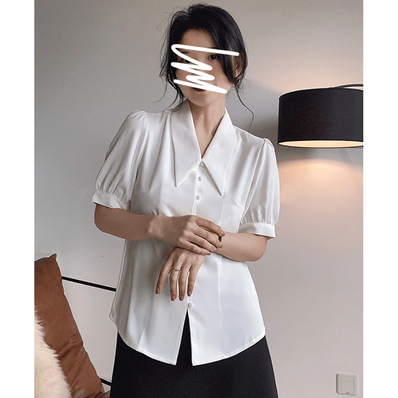 

Ele ort Sve Chiffon irt Women's Brand Faionable Collar Commute Sle Korean Straight Cut Bubble Sve Button up