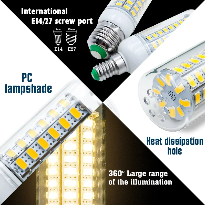 Lâmpada led e27 e14 led vela lâmpada ac 220v lampada mesa milho lâmpada led 24 36 48 56 69 72leds bombilla iluminação lustre