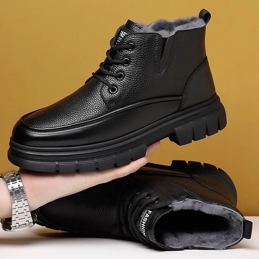 Men's Winter Fleece Lined Lace-Up Ankle Boots, Round Toe Thick Sole Casual Work Boots for Outdoor Travel and Office