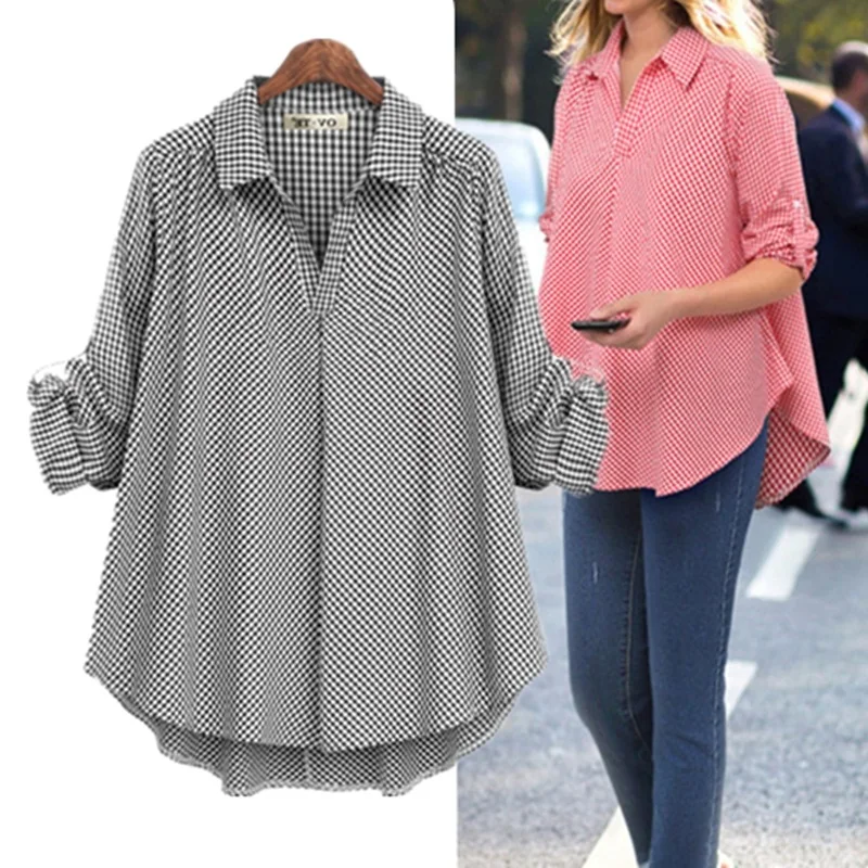 

Женский клетчатый топ больших размеров Long Sve irt для похудения, базовый слой, 202 Pou, очень большой женский Faion irt