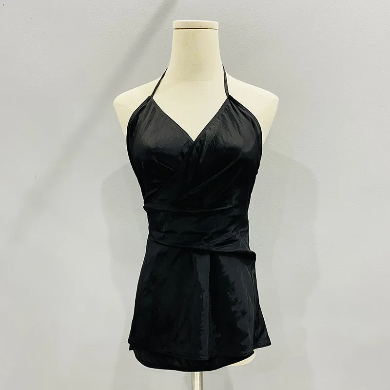 Designer Women's Halter Open Back Camisole Top Black Fitted Waist Cinched Sleeveless Vest Base Layer Clothing