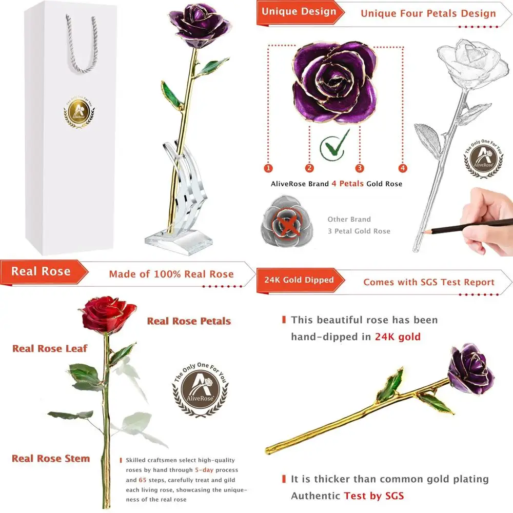 

24K Gold-Plated Real Rose - Unique Design for Valentine's, Mother's Day, or Birthday Gifts (with Stand)
