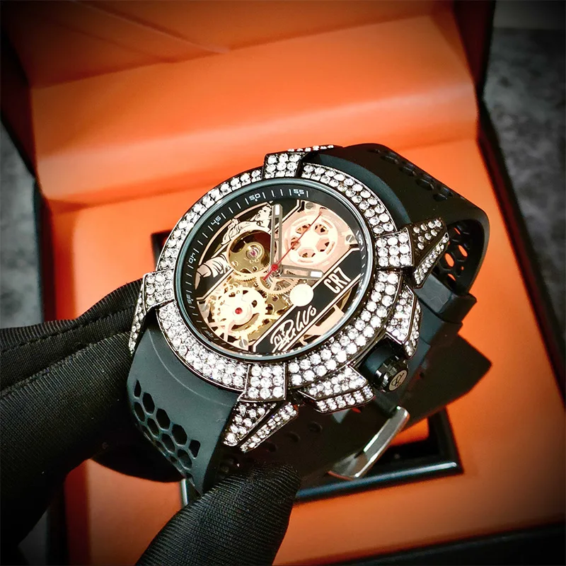 

new men's mechanical watch, skeleton design with diamond accents, business silicone strap wristwatch, fashionable and trendy