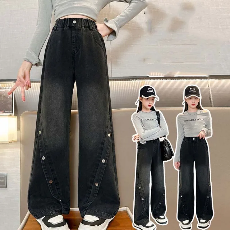 Children Girl Jeans Autumn Young Teenagers Girls Spliced Wide Leg Pants UNITIM 4-14Yrs Kids Girls Denim Pants Teens Girl Trouser