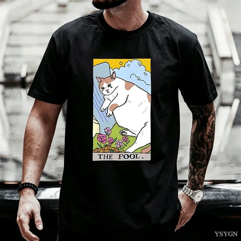 Sad Cat Meme The Fool Tarot T-Shirt Men Women Witchy Clothing Crying Cat T Shirt Casual T-shirts Streetwear Clothing Tops