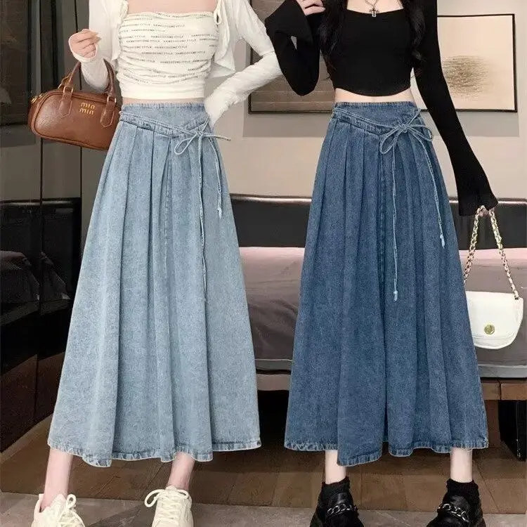 新しいプリーツレトロ弾性デニムスカートハイウエストロングスカートミッドレングス韓国スタイルのファッションエレガントなコケット原宿 Cuteore