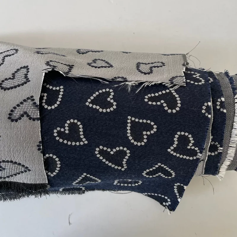 Exquisite denim blue knitted heart-shaped jacquard polyester clothing fabric handmade DIY