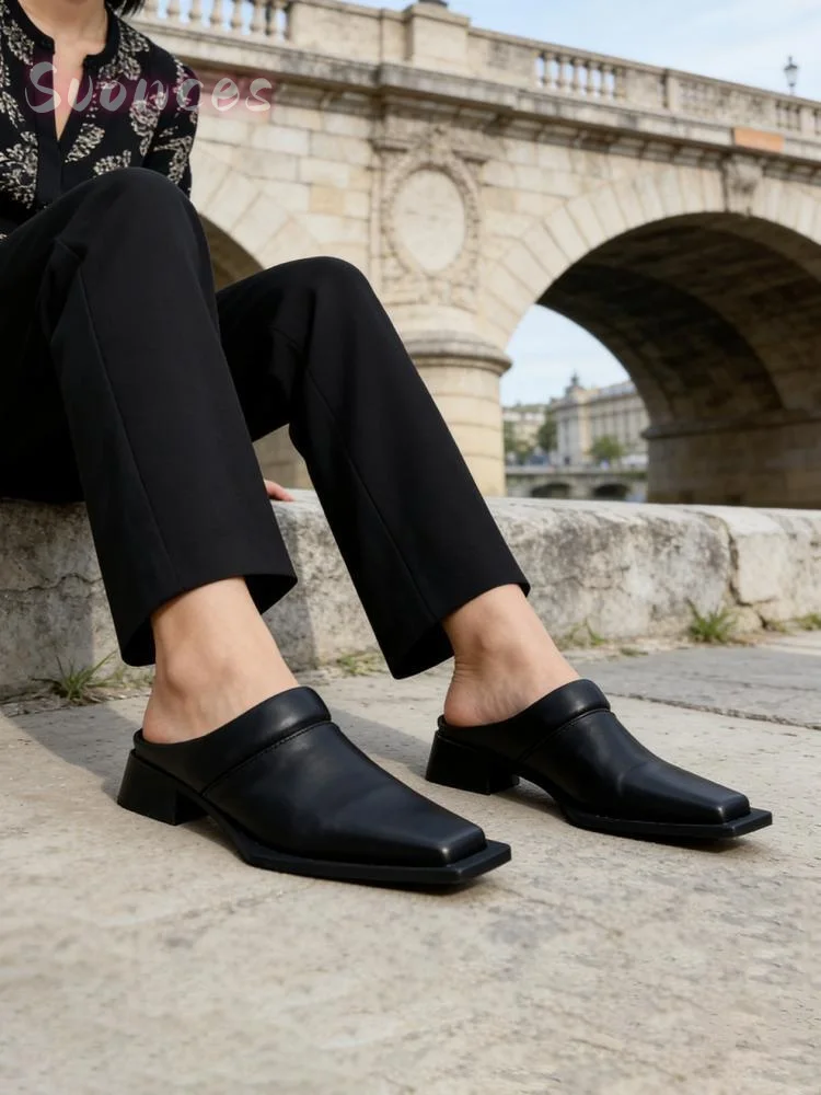 Square Toe Mule Slides Women Smooth Leather Slip On Chunky Block Heel Minimal Street Commute Outdoor Casual Flat Footwear