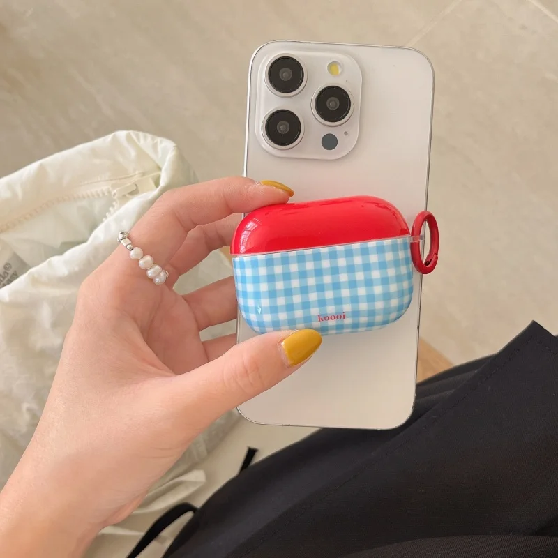 New Blue red plaid style IMD earphone case with mushroom hook for Apple Airpods 2 Pro pro2 airpods 3 Airpods 4