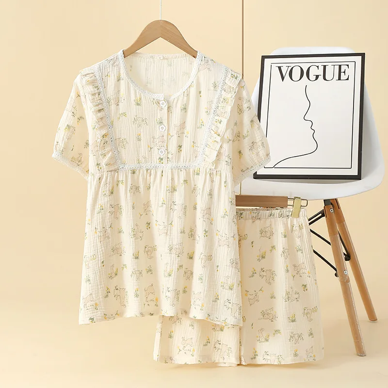 2024 New Women's Pajamas Short Sleeve Shorts Two Piece Set 100% Cotton Crepe Cute Set Vintage Flower Ladies Home Fury Pajama