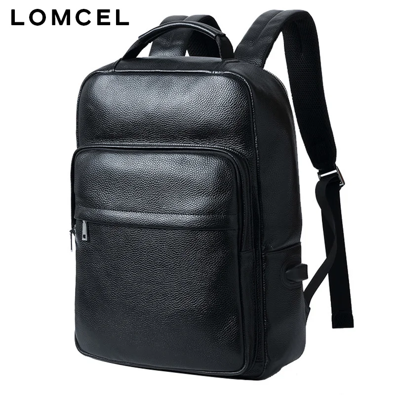 LOMCEL leather double shoulder bag for men, business computer backpack, top-grade cowhide double shoulder bag with USB charging