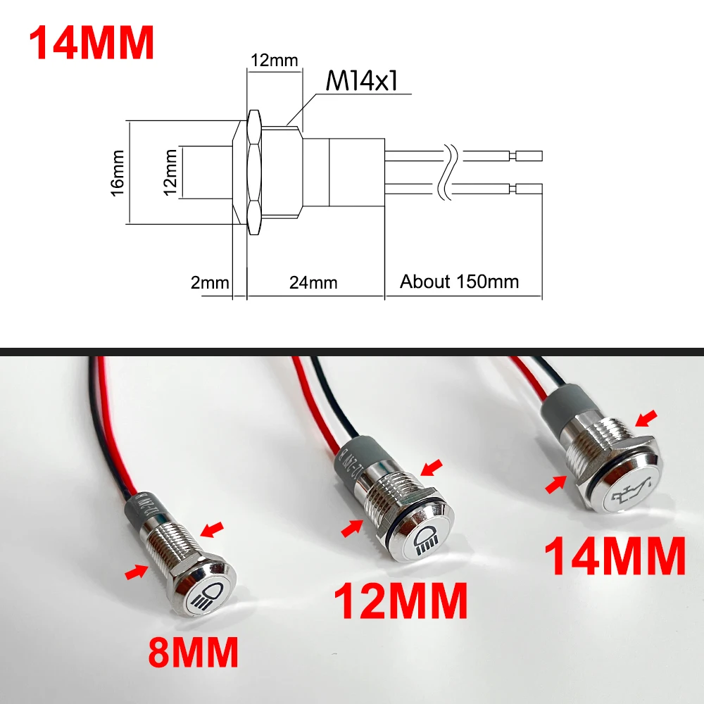 8/12/14 مللي متر الرموز LED مؤشر ضوء مع سلك الفضة معدن 12 فولت 24 فولت ملاحظة الرموز مؤشر داش مصباح إرشاد لوحة سيارة #6