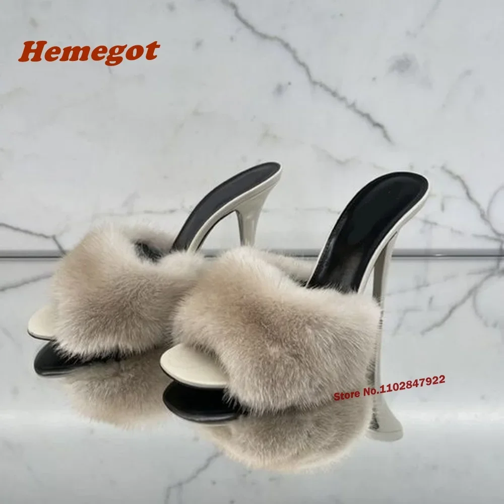 

Plush Worm Slippers Peep Toe Stiletto Thin Heels Slip On Mules Solid Patchwork Summer Outside 2024 New Female Shoes Elegant Sexy