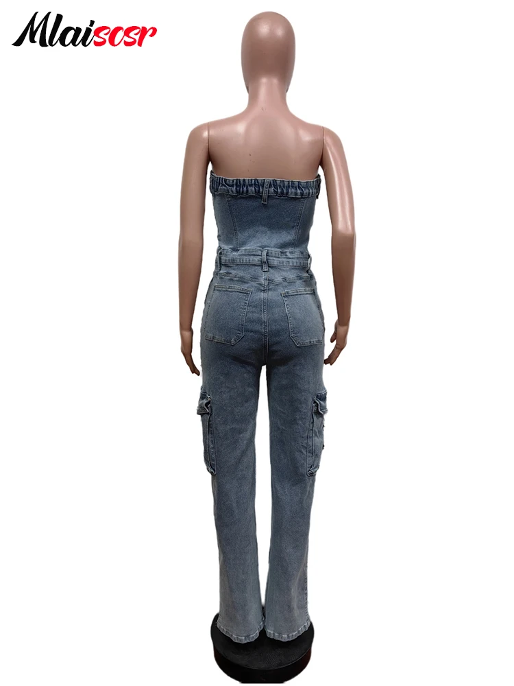 Mlaiscsr Cross Embroidery Pockets Stretch Denim Jumpsuits Women Sleeveless Off Shoulder Boyfriend Rompsers Blue Cargo Overalls