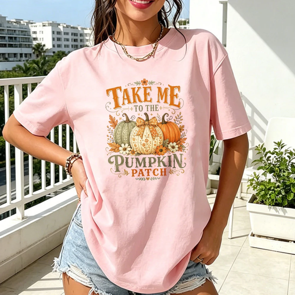 Floral Take Me To The Pumpkin Patch Tshirt Retro Fall Pumpkin Sublimation Tees Girly Autumn Shirt Funny Halloween Cotton T-Shirt