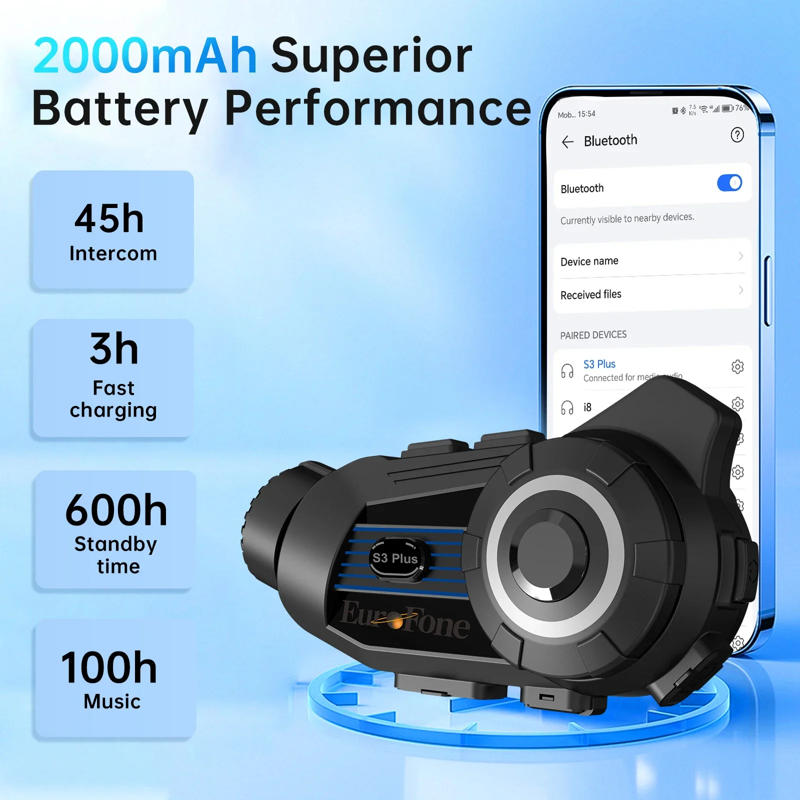 EuroFone S3 Plus Motorcycle Helmet Bluetooth Intercom Headset Supports 6 People Intercom Distance 500-2000 2K Video Recorder DVR