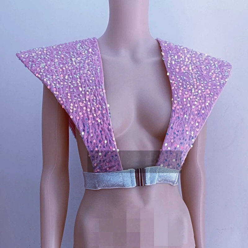 Trajes de bailarina Gogo, chaleco de hombro con purpurina rosa, accesorios de actuación para espectáculo en escenario, ropa para fiesta Rave en club nocturno, disfraz de arrastre 4536