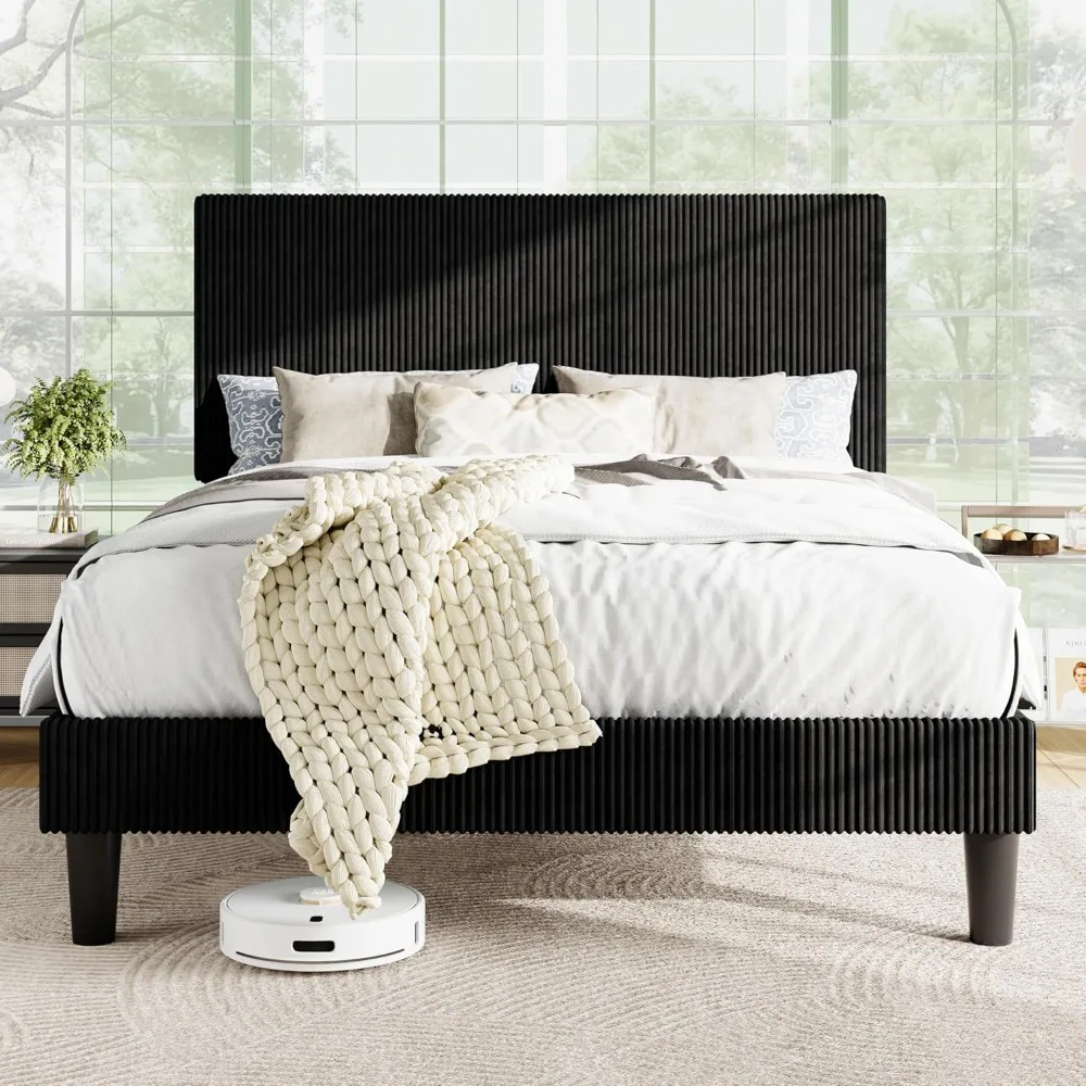 

Full Bed Frame, Velvet Platform Bed Frame with Vertical Channel Tufted Headboard, Upholstered Corduroy, Strong Wooden
