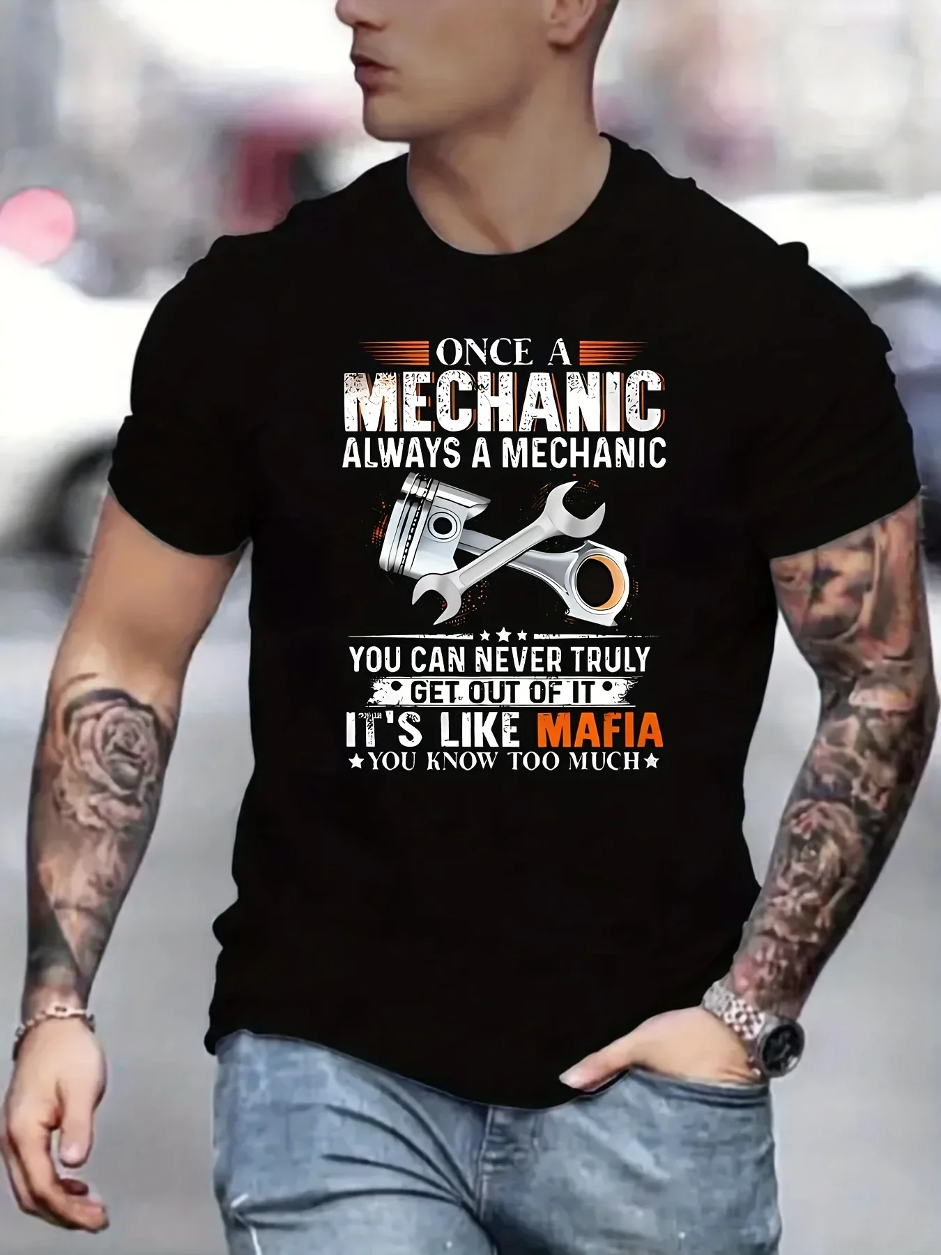 Once a Mechanic Always a Mechanic Letter Print Men's T-Shirt, Repairman T-Shirt, Crew Neck Short Sleeve, Fashion Casual, Men's T-Shirt