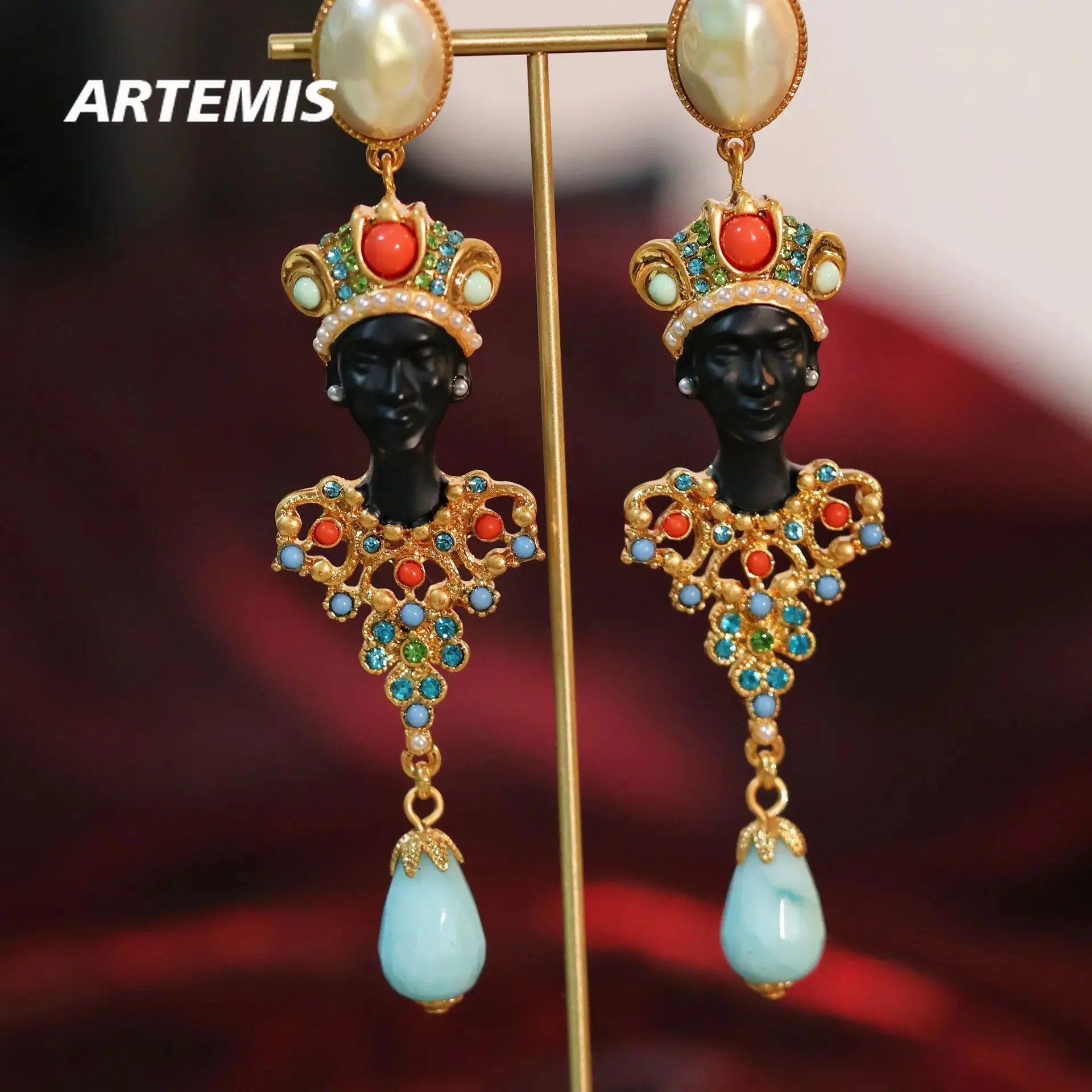 

Vintage Egyptian Style Colored Gemstone Pearl Ear Clip Brooch Woman Exquisite Gift Jewelry Trend