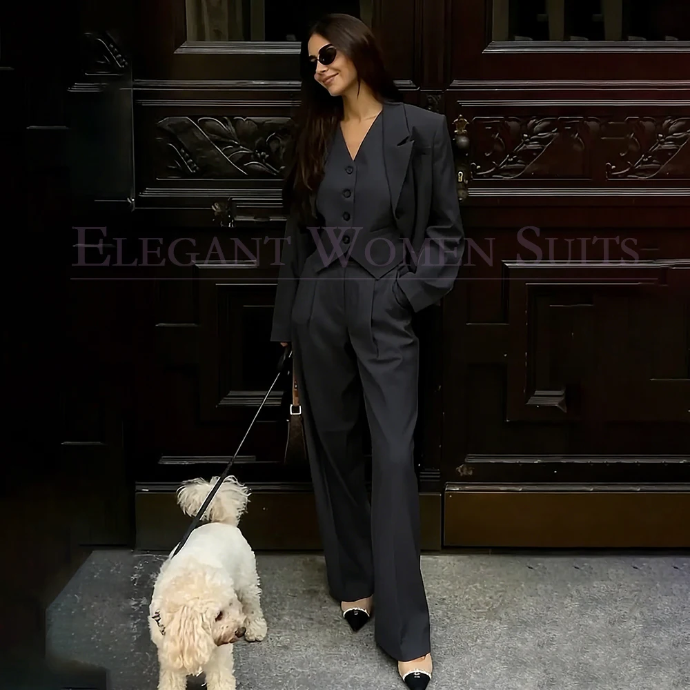 

Black Women's Suits Customized Single Breasted Peak Lapel 3 Piece Jacket Pants Vest Office Lady Evening Female Clothing