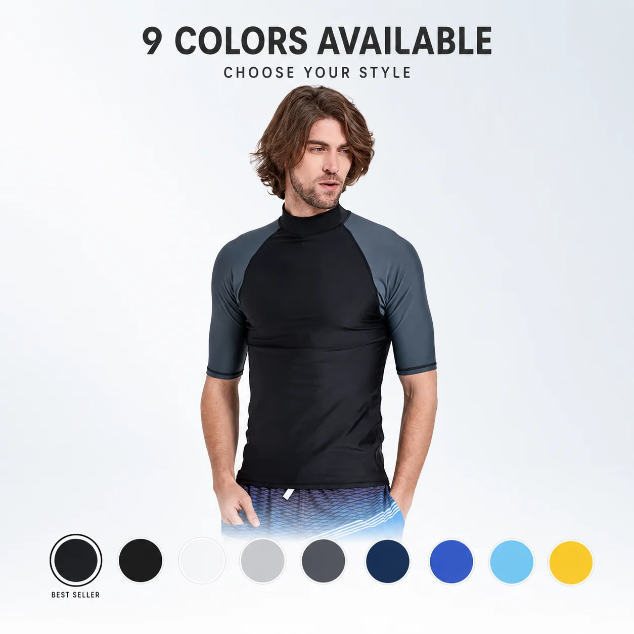 SBART Men\'s UPF 50+ Short Sleeve Rash Guard Quick-Dry Stretch Swim Shirt for Surfing Diving Kitesurfing Windsurfing