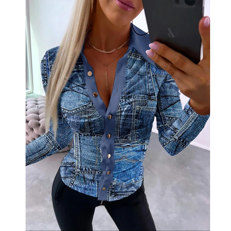 Women Fashion Long Sleeve Blouse Letter Print Office Shirts For Women Casual Turn Down Collar Button Tops