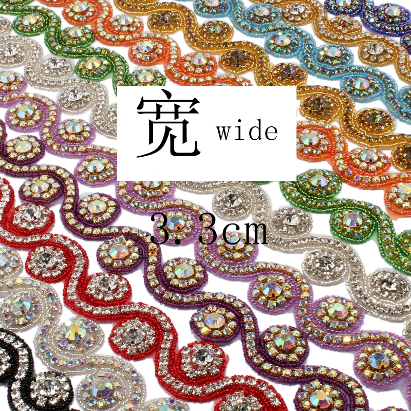 1Yard 3.3cm Fashion Bridal Costume Beaded Dress Trimming  Decoration Sew On Base Crystal Rhinestone Applique Trim Accessories