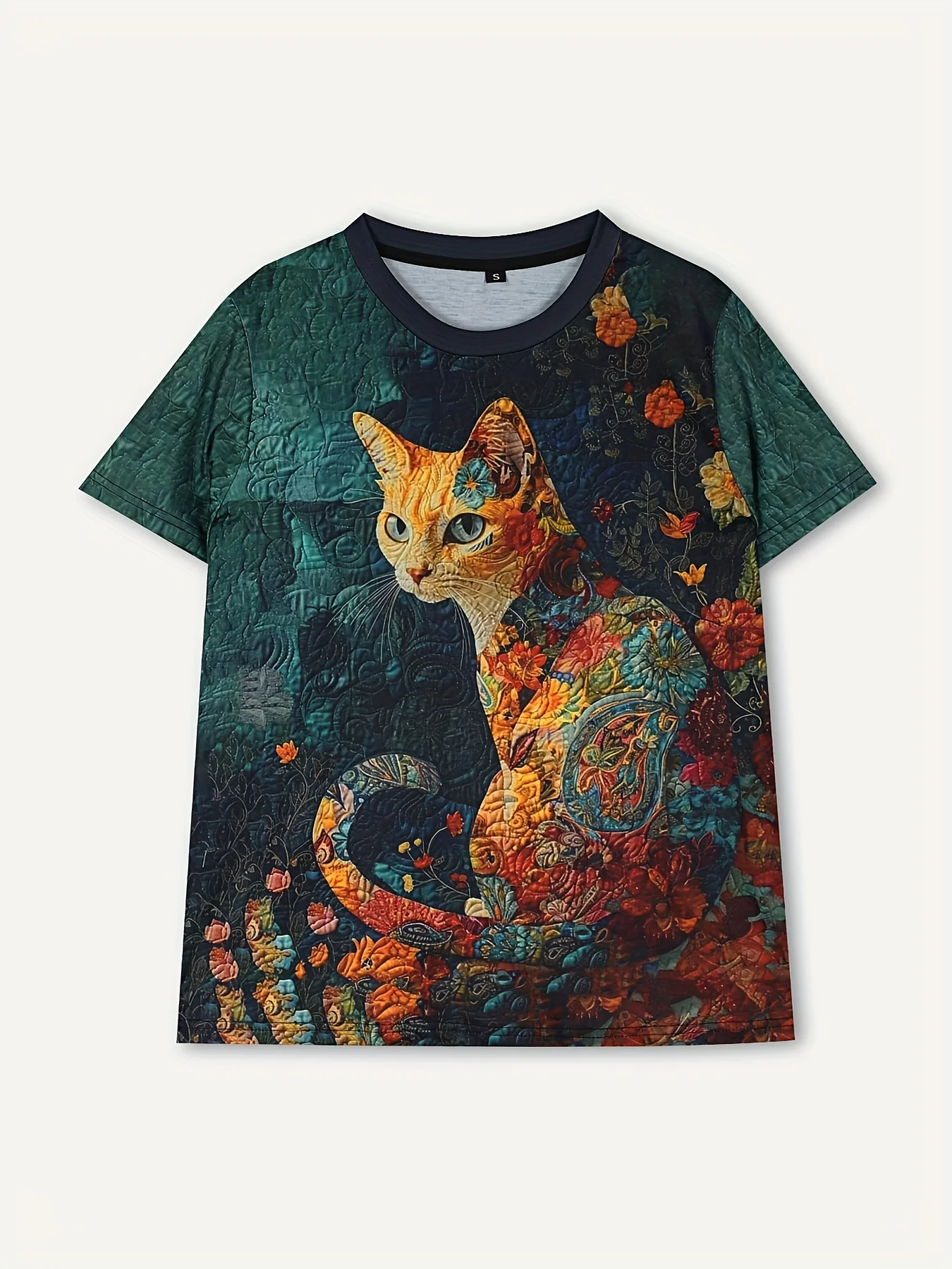 Women's T-shirt Vintage Floral Spliced Cat Art Print Crew Neck Short Sleeve Loose Fit Retro Casual Daily Style Women Clothing