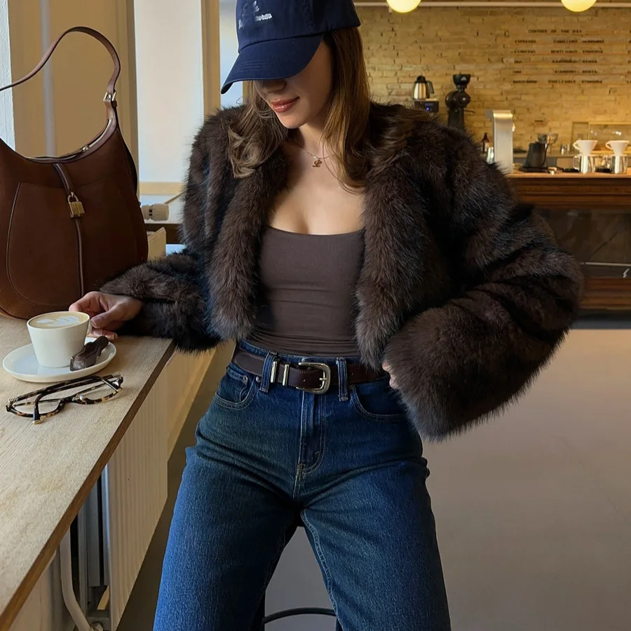 Women Fashion Lapel Faux Fur Jackets Elegant Solid Long Sleeves Oversized Coats 2026 Female Winter Fuzzy Warm Outerwear