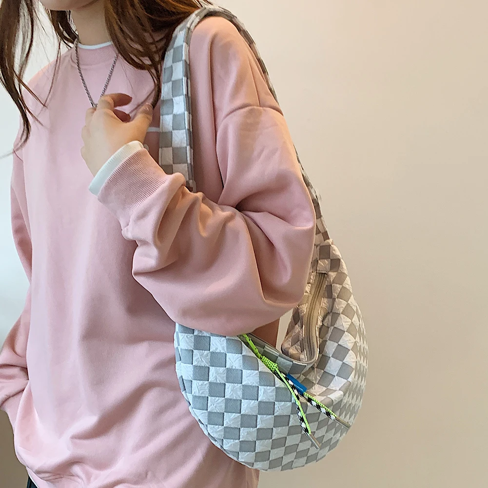 Plaid Shoulder Bag Fashion Half Moon Crossbody Bag Casual Portable Simple Soft Lightweight Large Capacity for Weekend Vacation