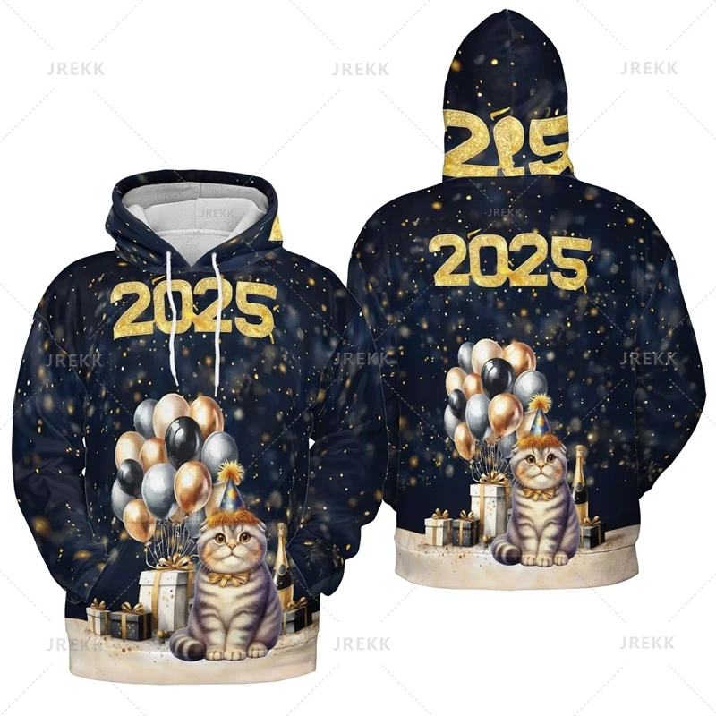 2025 HAPPY NEW YEAR 3D Printing Hoodies Firework Hello 2025 Graphic Hooded Sweatshirts Unisex Fashion Pullovers Hooded Hoody Top