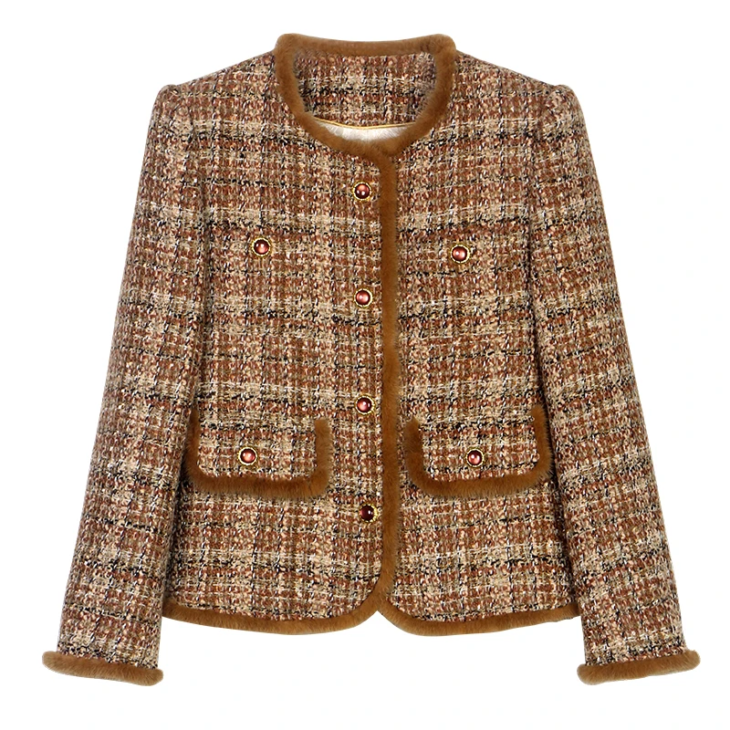 

2025 new fashion retro elegant celebrity high-end light luxury mink fur temperament design tweed jacket