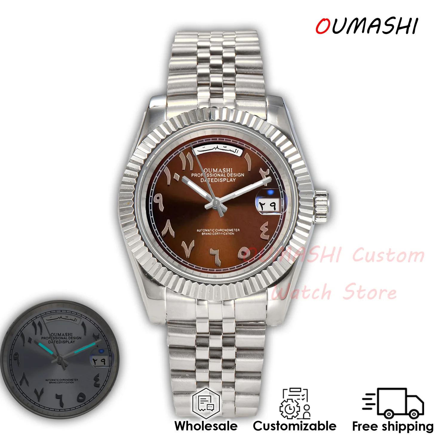 Men's 39mm MIYOTA8285 Automatic Watch Arabic Theme with Date/Week Display Luminous Stainless Steel Customizable Waterproof