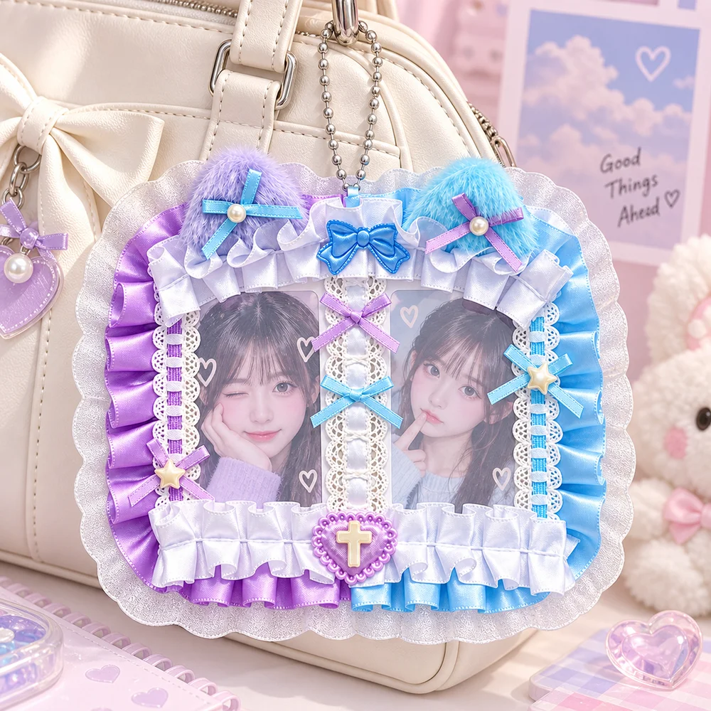 New Double Slot Photocard Holder Ribbon Bow Cat Ear Photocard Case Lolita Style Cute Lace Card Holder Bag Supplies