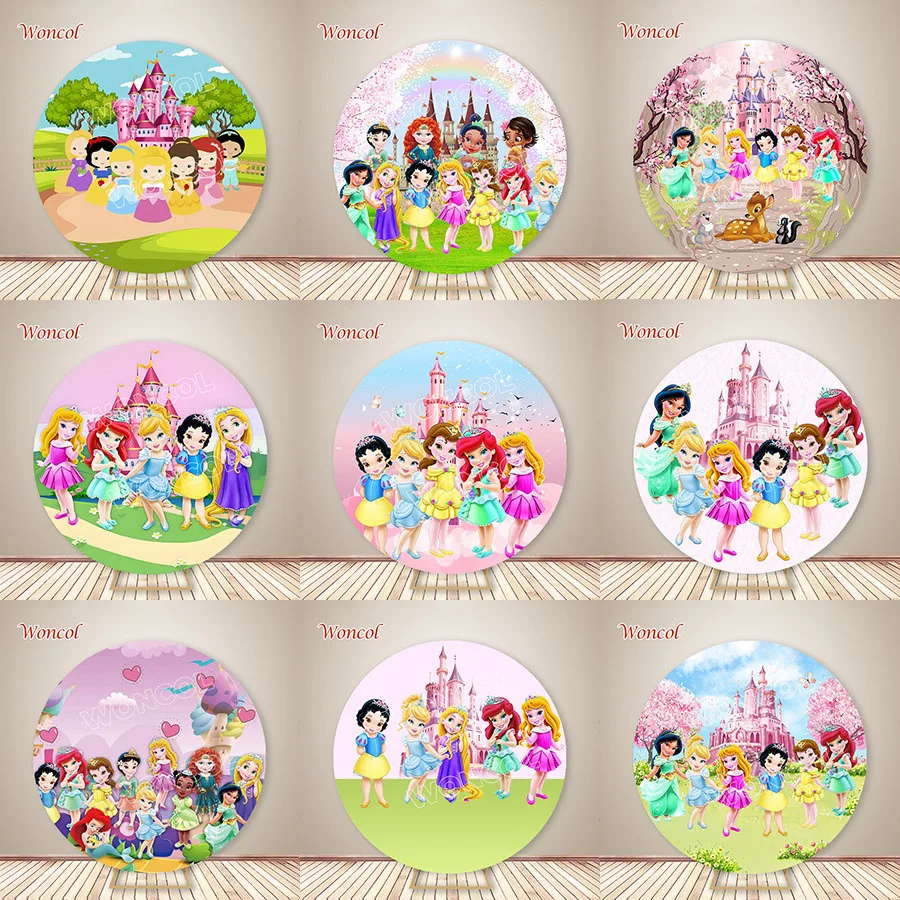 Fondo redondo de princesa bebé Aurora Ariel Rapunzel Belle Cenicienta blanco como la nieve telón de fondo personalizado bebé princesa círculo cubierta