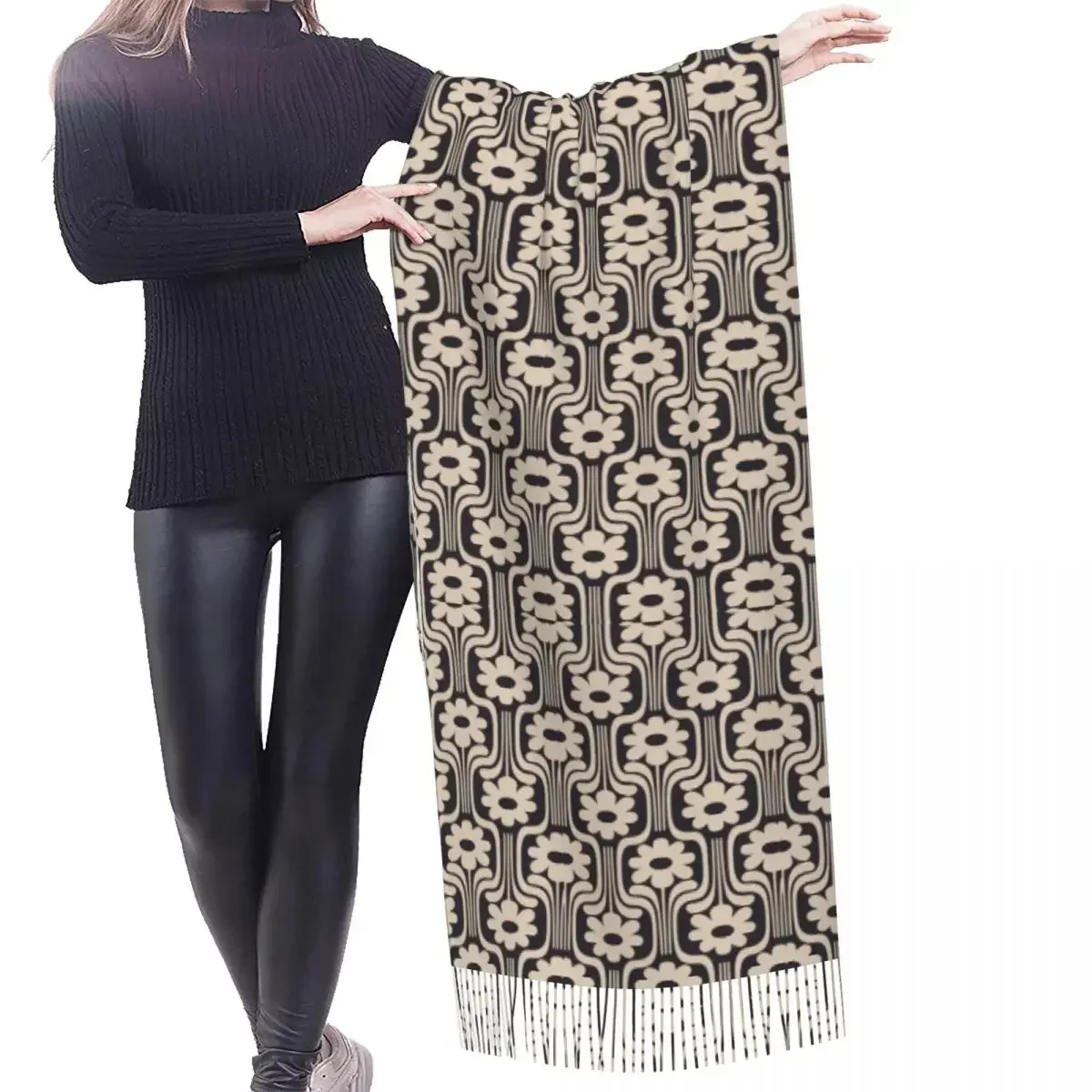 Custom Stylish Flower Pattern Tassel Scarf Women Winter Warm Shawls Wraps Ladies Orla Kiely Fashion Versatile Female Scarves