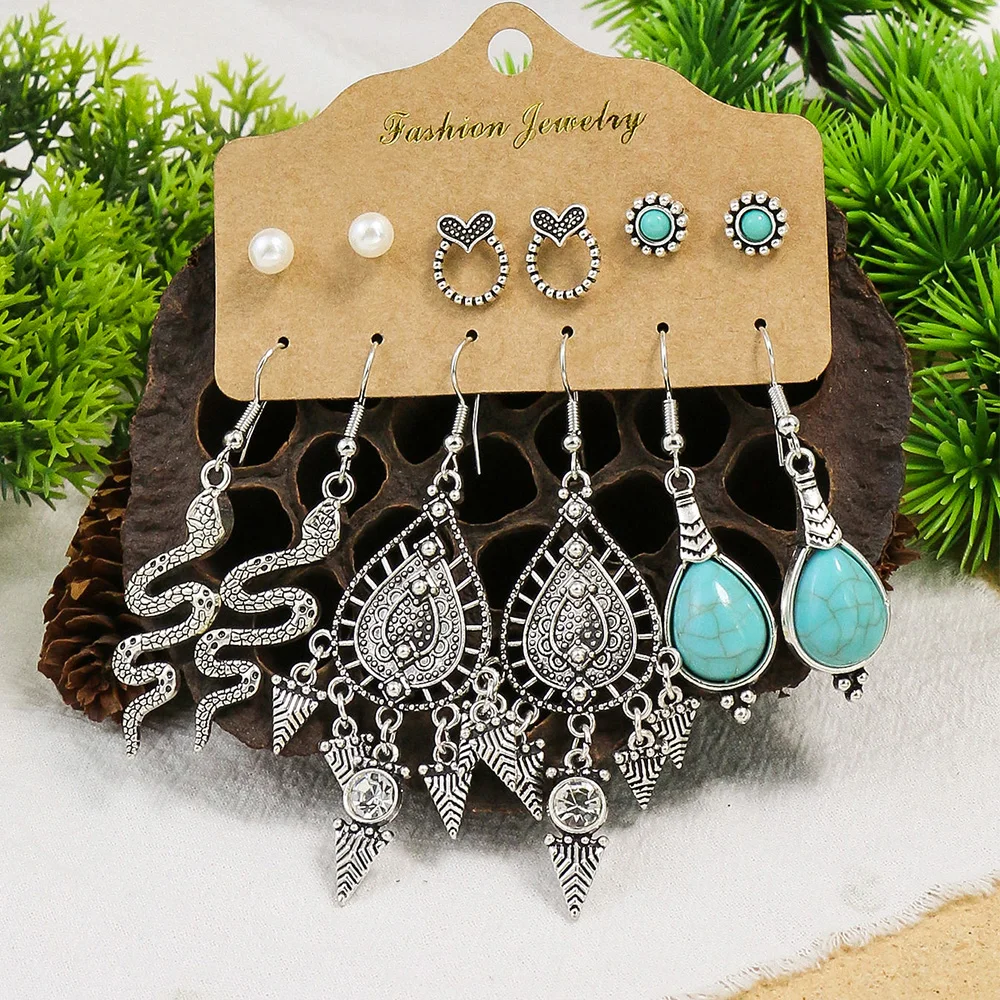 Women\'s Earrings Snake Pendant Vintage Boho Blue Stone Turquoise Ear Women Wholesale Mixed Ethnic Jewelry Sets Party Gifts