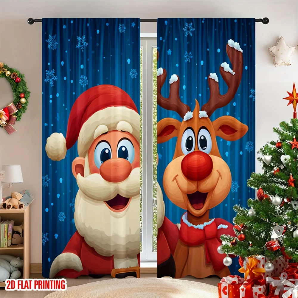 Santa Claus Reindeer Curtains Cute Christmas Cartoon Window Drapes Snowflake Decor, Blackout Fabric for Kids Bedroom Living Room