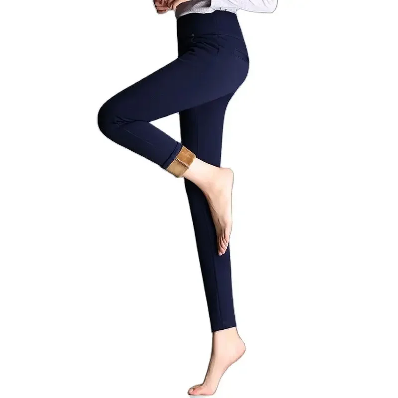 

Pop Woman Autumn Hot Sale Velvet Solid High Elastic Waist Thicken Pencil Pants Female Winter Bodycon Warm Down Trousers