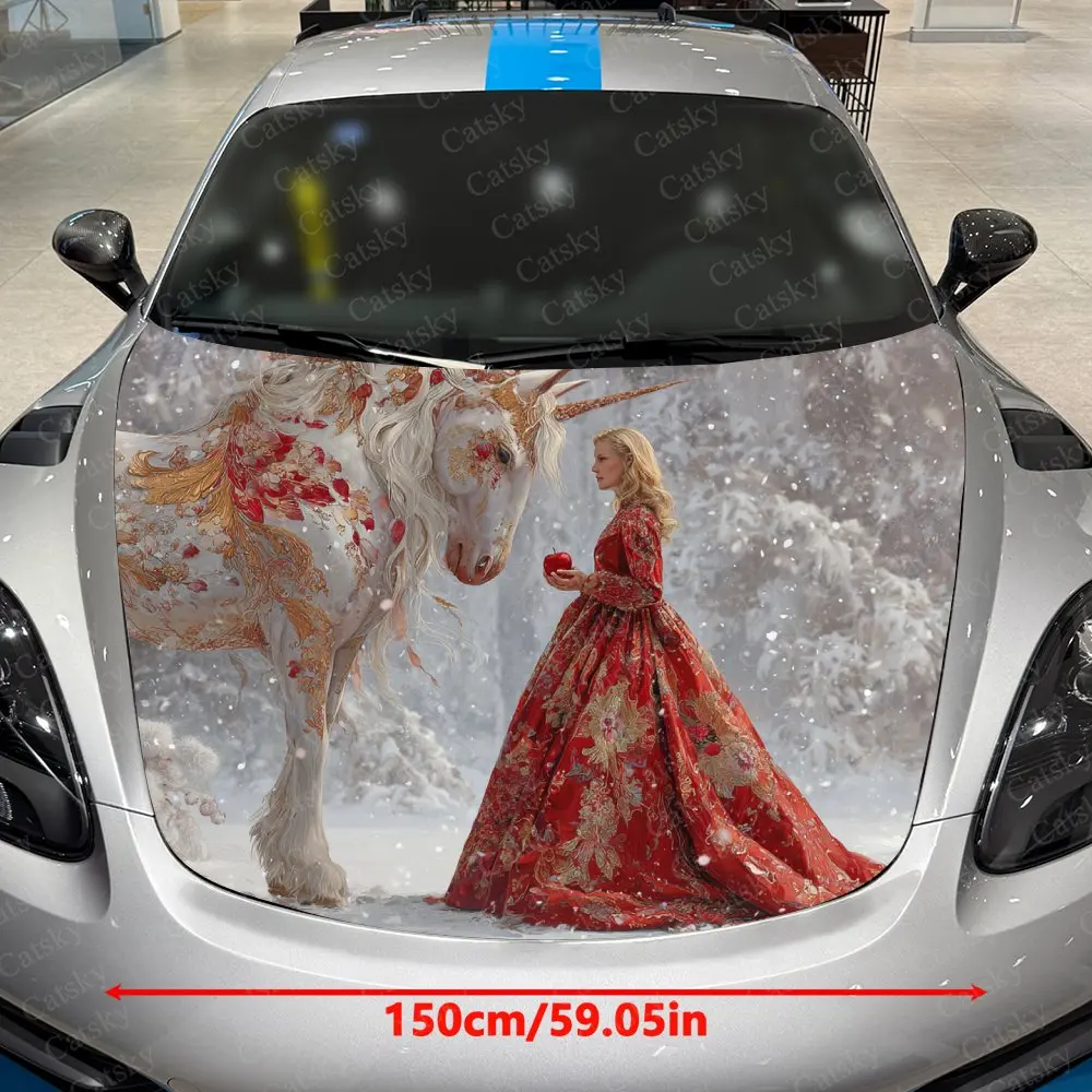 Unicorn And Golden Princess Car Cover Sticker, Stylish Design Suitable For Most Vehicles, Engine Hood Protective Film Gift, Car