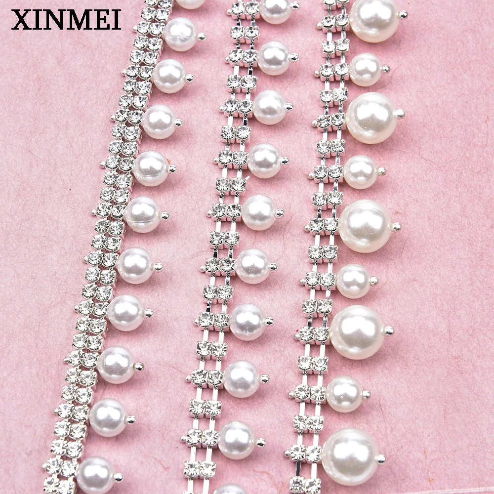 2 Rows Rhinestone Pearl Pendant Tassel Chain Bling Metal Ribbon Crystal Fringe Bridal Trim for Wedding Dress Shoes Accessories