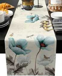 Retro Teal Tulip Linen Table Runners Washable Dresser Scarf Table Decor Farmhouse Kitchen Party Living Room Dining Table Runners