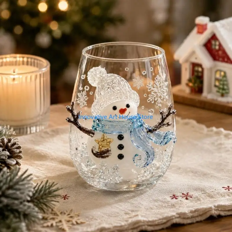 E1PC 3D Festives Snow Figure Cup for Holiday Drink Service, Clear Stemless Glass with Raised Decorative Detail and Blue Scarf