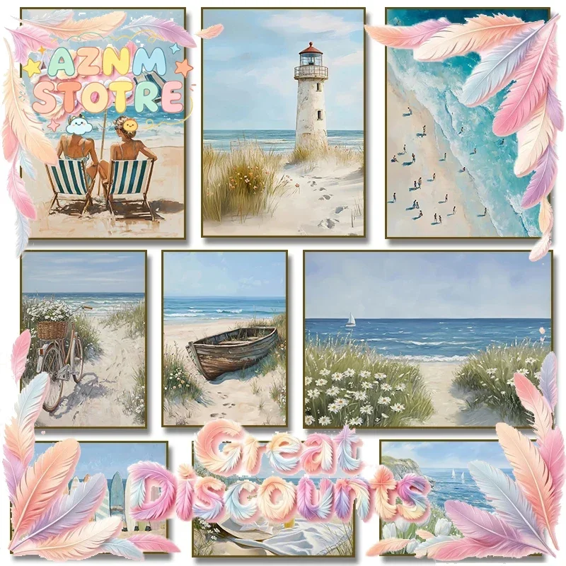Coastal Ocean Beach Lighthouse Tulip Sailboat Surfboard Poster Canvas Painting Print Wall Art Picture for Living Room Home De