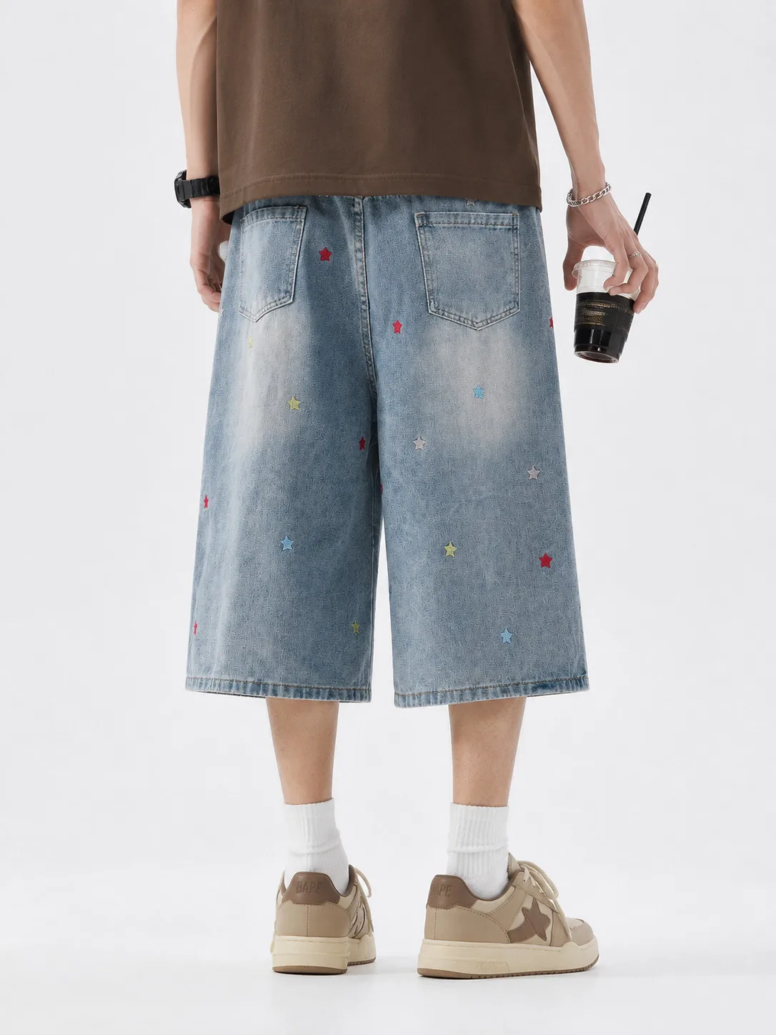 Men's Jeans Man Pants Cropped Pants Summer Loose Straight Denim Patch Embroidered Star Print Casual Bottom