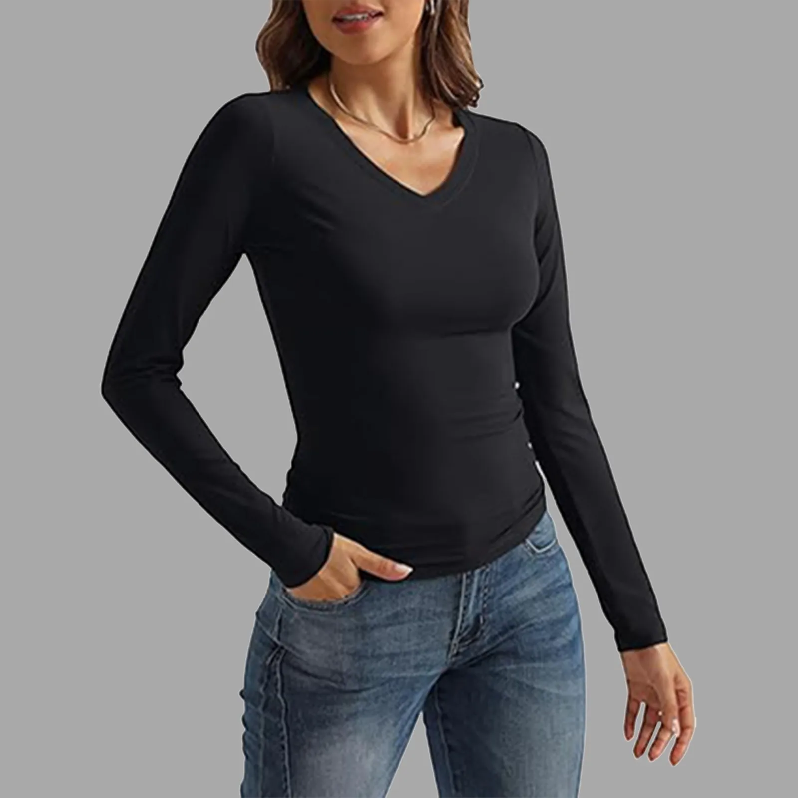 2024 New V Neck Long Sleeve Basic Bottoming T Shirt Slim Fit Solid Color Casual Tee Shirts Women Sexy Versatile Tops Tee