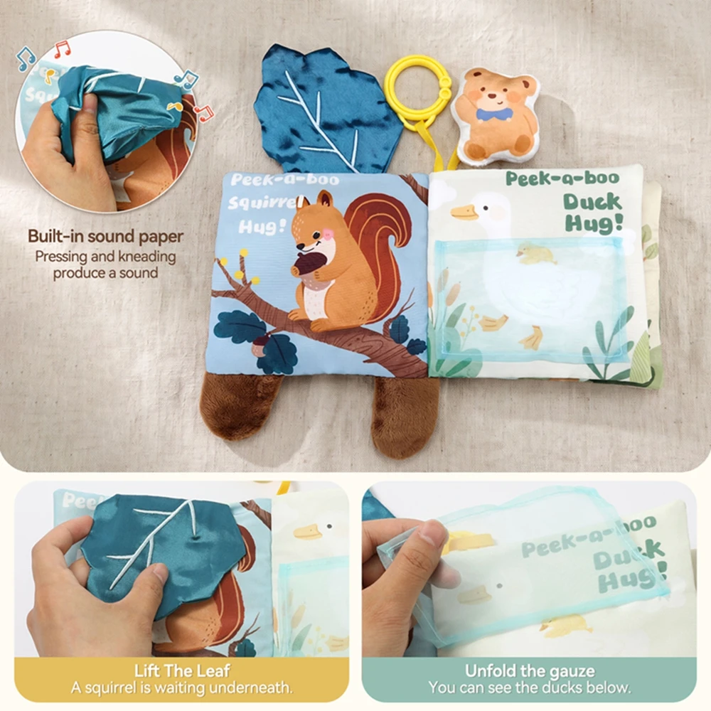 Baby Peek-a-Boo Soft Fabric Book Squirrel Duck Bunny Owl Bear Mirror Pull 0-3Y Sensory Soothing Fluffy Cartoon Book Toys Gifts