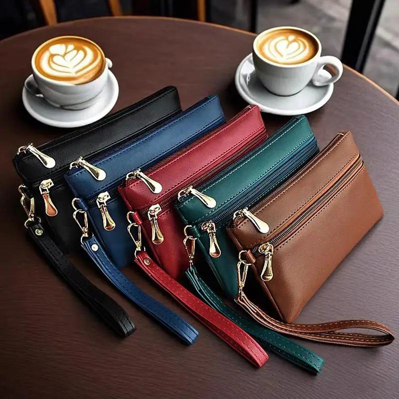 Cartera negra a la moda con cremallera de cuero PU para mujer, cartera de color sólido, bolso para teléfono móvil, bolso de mano para mujer, monedero para tarjetas de teléfono