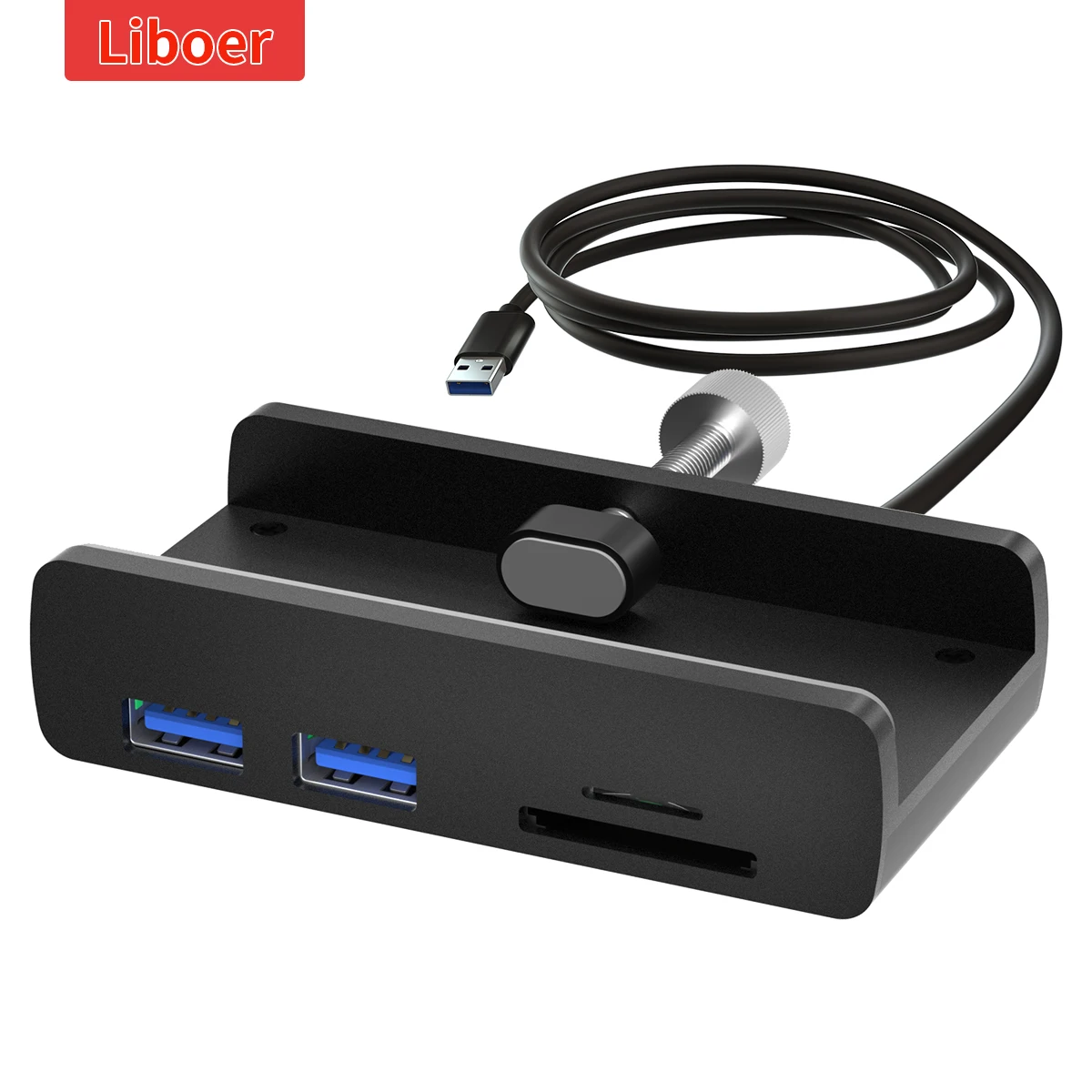 USB 3.0 Hub Clamp Aluminum 4 Ports USB Splitter with Extra Power Supply Port and USB Data Cable Powered USB Hub for Monitor/Desk